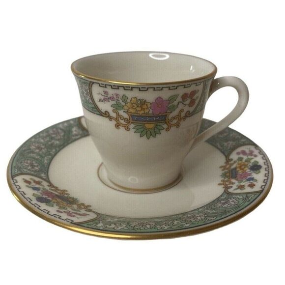 Lenox Peking DEMITASSE CUP & Saucers Set of 4 Bone China Green Floral Gold Trim - Picture 2 of 6